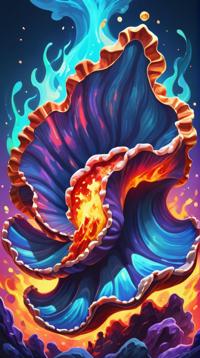 stylized, Giant Clam imagined as a Fire pokemon, surreal, abstract