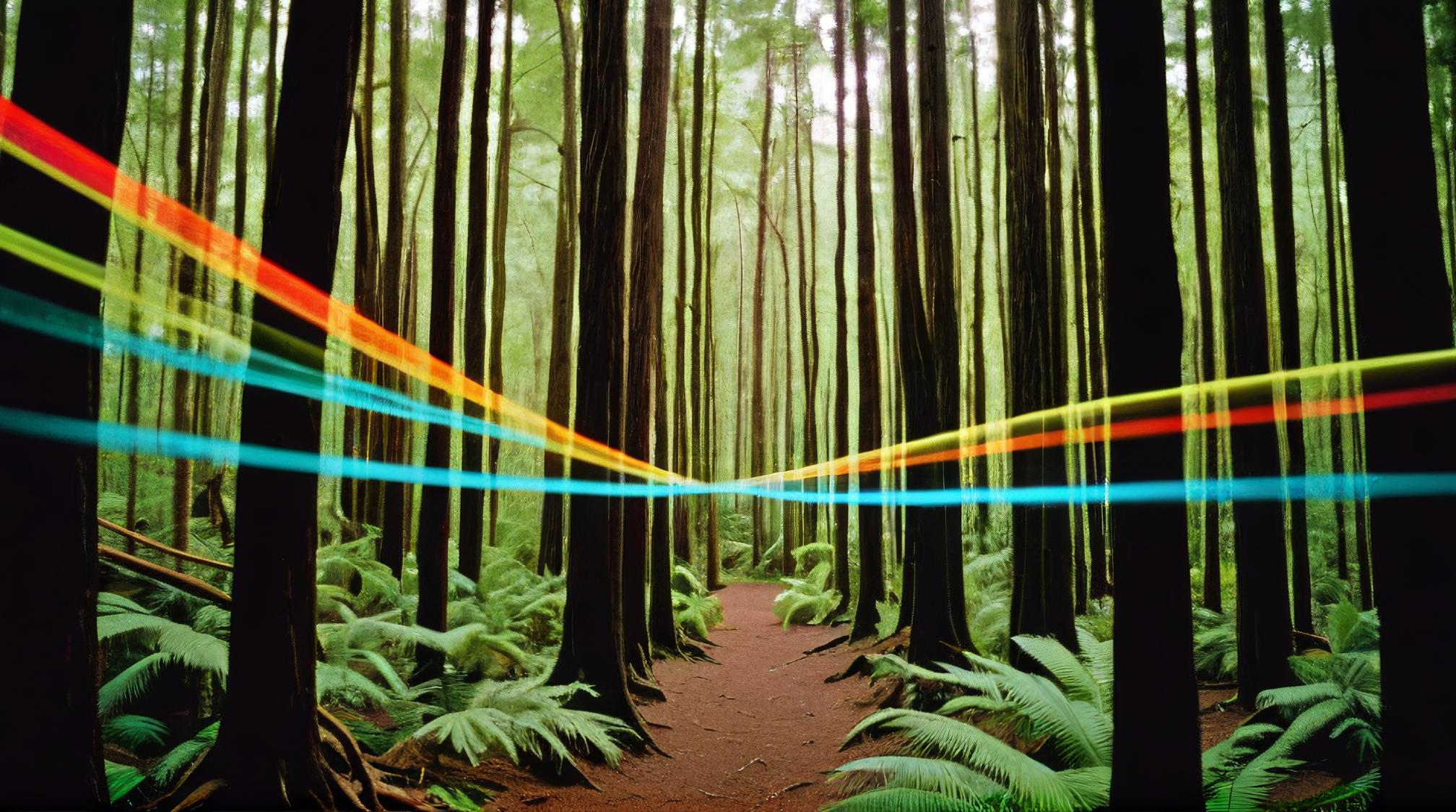 photograph, landscape of a Tropical Rainforest from inside of a Ancient cedar forest, White field, Smoky Conditions