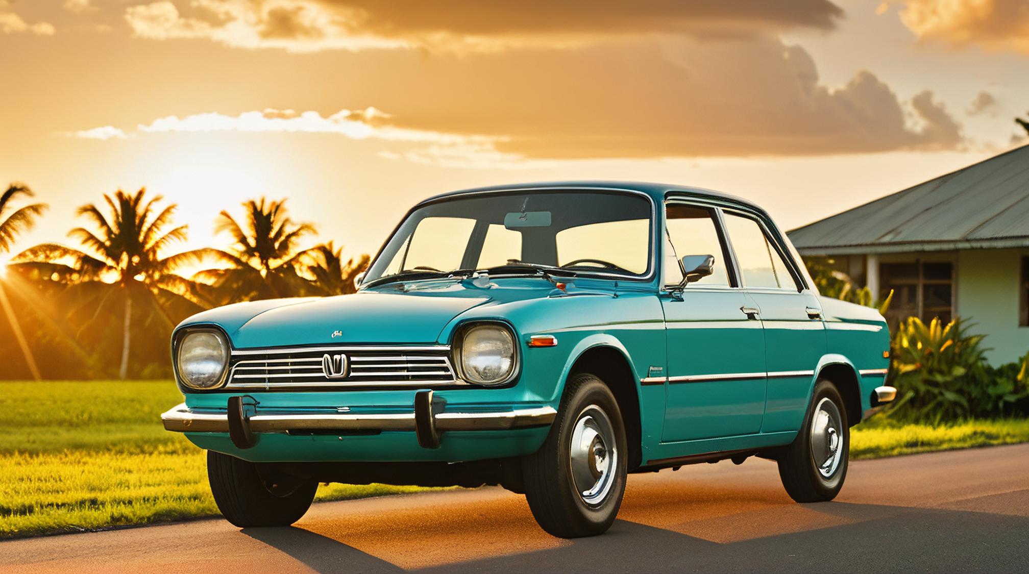 photograph, Fashion shot of a Retro traditional Marshallese Honda, Sun in the sky, Simple and clean