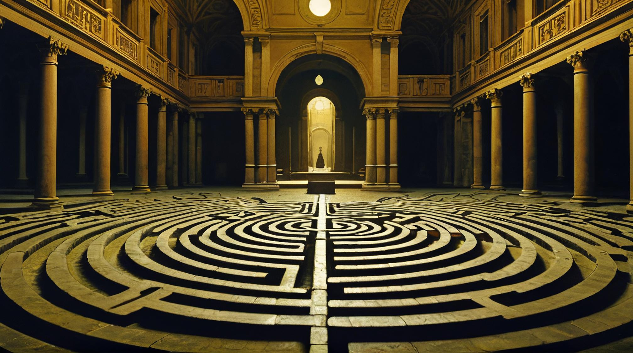 photograph, desolate indoors, landscape of a Labyrinth , Moonlit