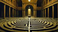 photograph, desolate indoors, landscape of a Labyrinth , Moonlit