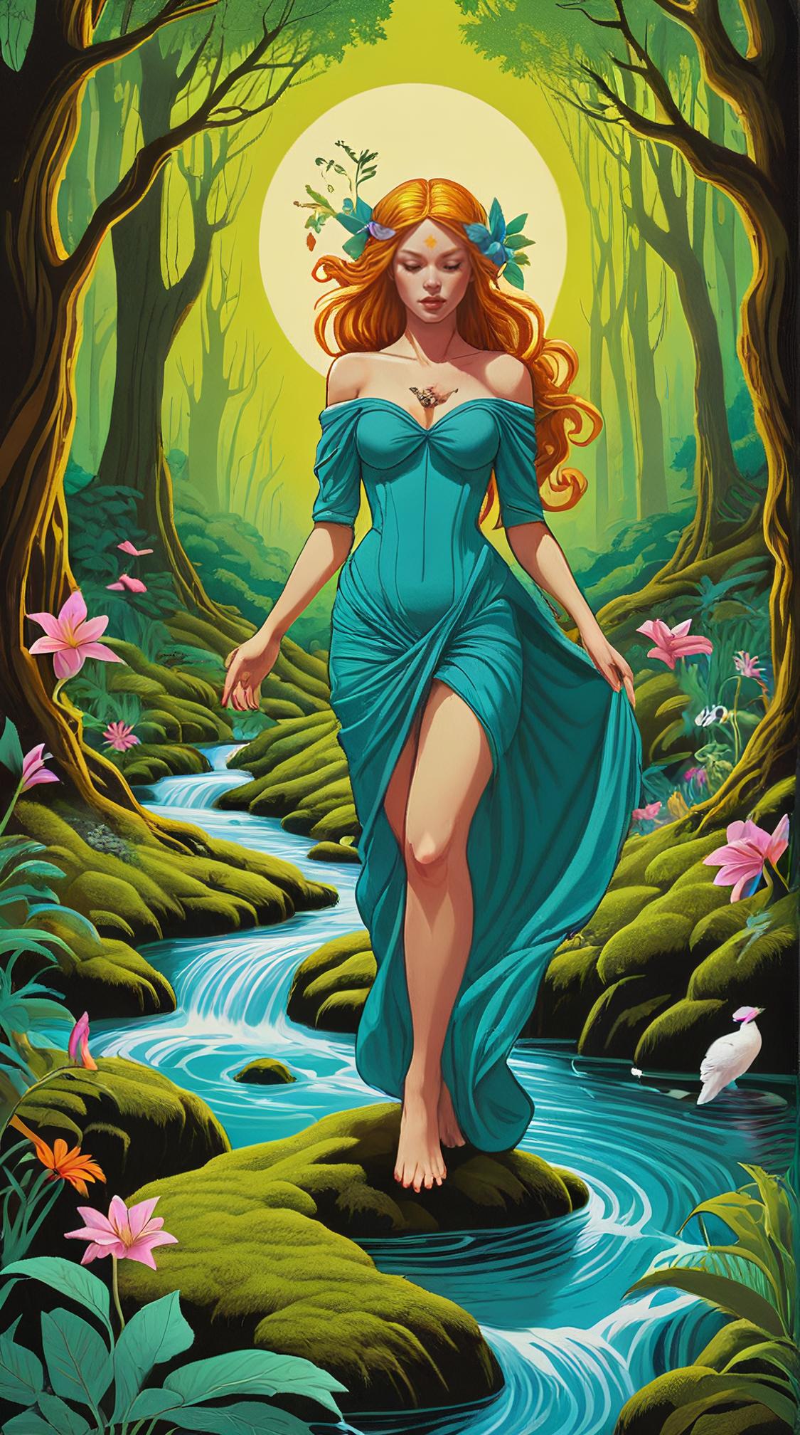 stylized by Tristan Eaton , Tarot card of a Silent footfalls on mossy paths, a communion with nature s secrets, awakening our connection to the earth