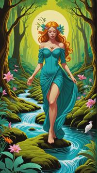 stylized by Tristan Eaton , Tarot card of a Silent footfalls on mossy paths, a communion with nature s secrets, awakening our connection to the earth