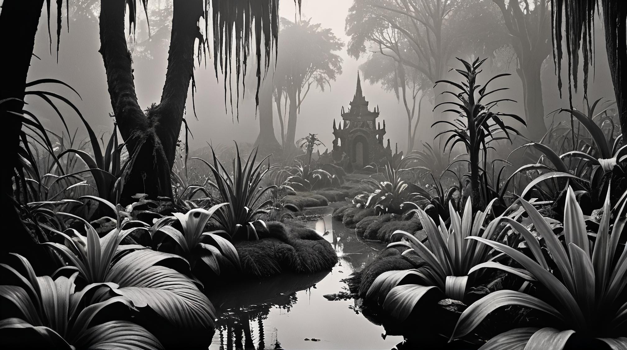 stylized by Clara Peeters, photograph, landscape of a Tropical Primordial Bog and Wizard s secret garden, fairy tale