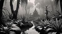 stylized by Clara Peeters, photograph, landscape of a Tropical Primordial Bog and Wizard s secret garden, fairy tale