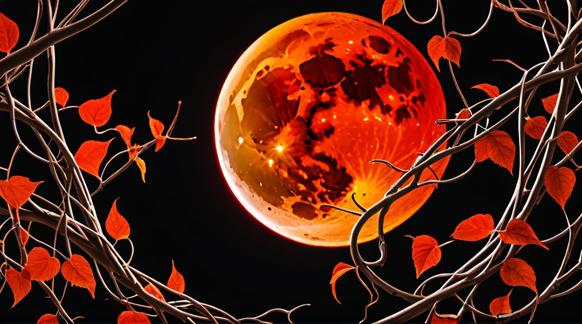 photograph, body shot of a Fiery Vine, Lunar eclipse background, Fall