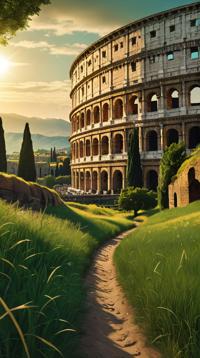 grass, landscape of a Neat dark green Goldenvale Keep of the Sunlit Valleys and Highway, Colosseum in background, stylized by Artgerm and Rubens
