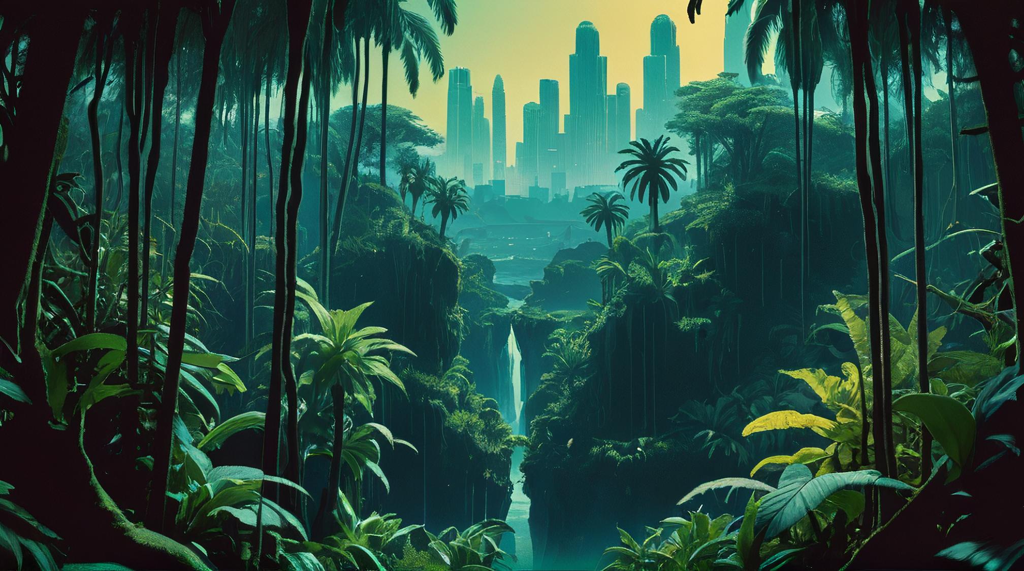 photograph, landscape of a Depressing Rainforest Coastal Sage Scrub and Futuristic skyline, crowded dungeon, Masterpiece