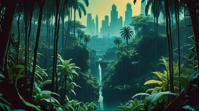 photograph, landscape of a Depressing Rainforest Coastal Sage Scrub and Futuristic skyline, crowded dungeon, Masterpiece