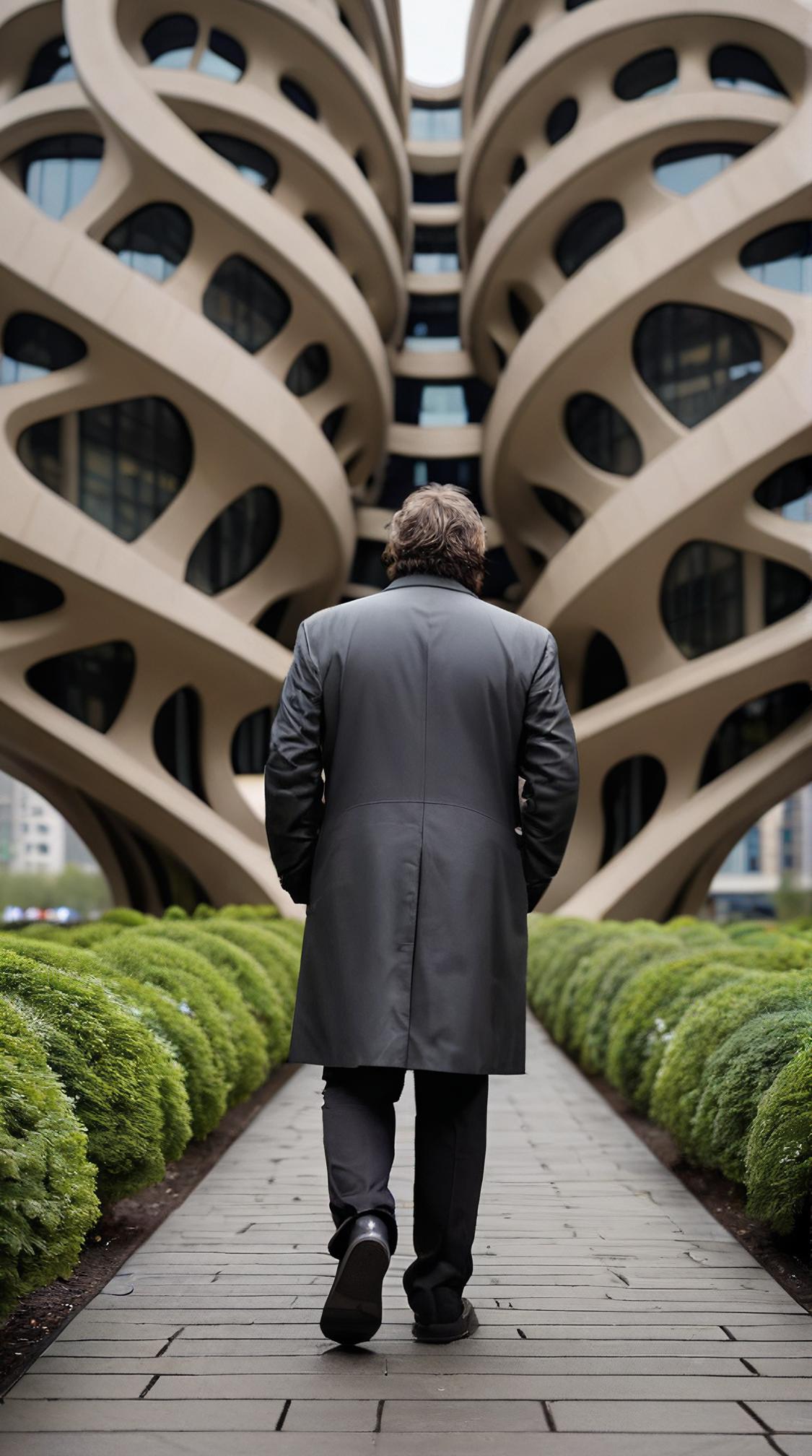 architecture art stylized by Thomas Heatherwick, Tony Soprano Exploring new places, his hair is Gray, at Overcast