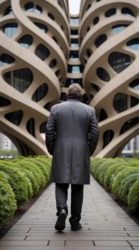 architecture art stylized by Thomas Heatherwick, Tony Soprano Exploring new places, his hair is Gray, at Overcast
