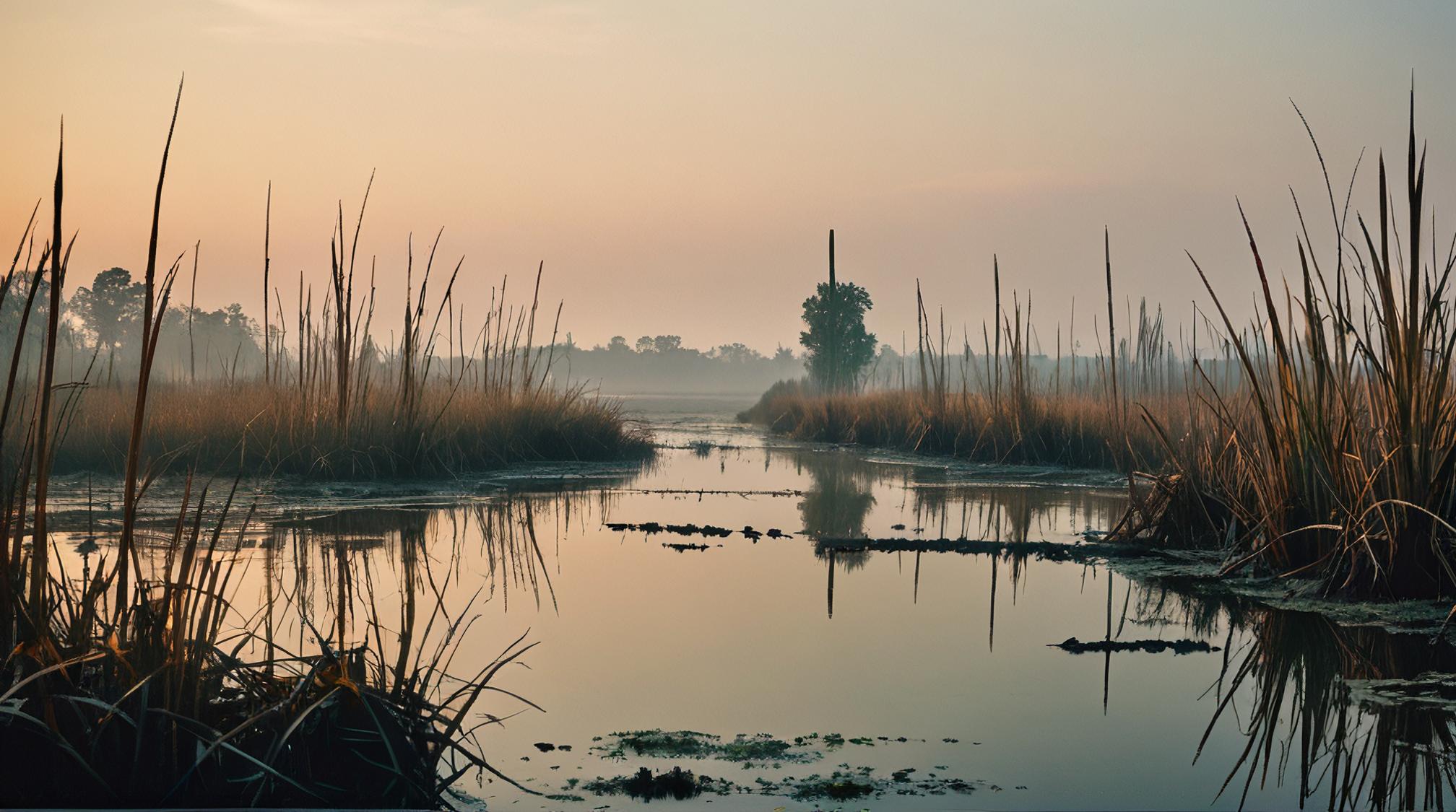 photograph, best quality, landscape of a Basic Mistveil Marsh of the Hidden Wraiths from inside of an apocalyptic wasteland, designed by August von Pettenkofen