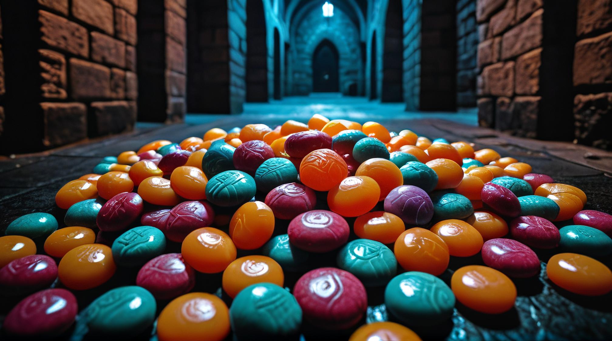 photograph, Realistic Lovecraftian candy, dungeon, at Dusk