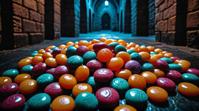 photograph, Realistic Lovecraftian candy, dungeon, at Dusk