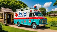stylized by Ernest Zacharevic and Keith Haring , photograph, intricate details, Elastic all american Ambulance