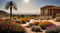 photograph, landscape of a Bir in the distance there is a Desert oasis, Arcadian, flowers