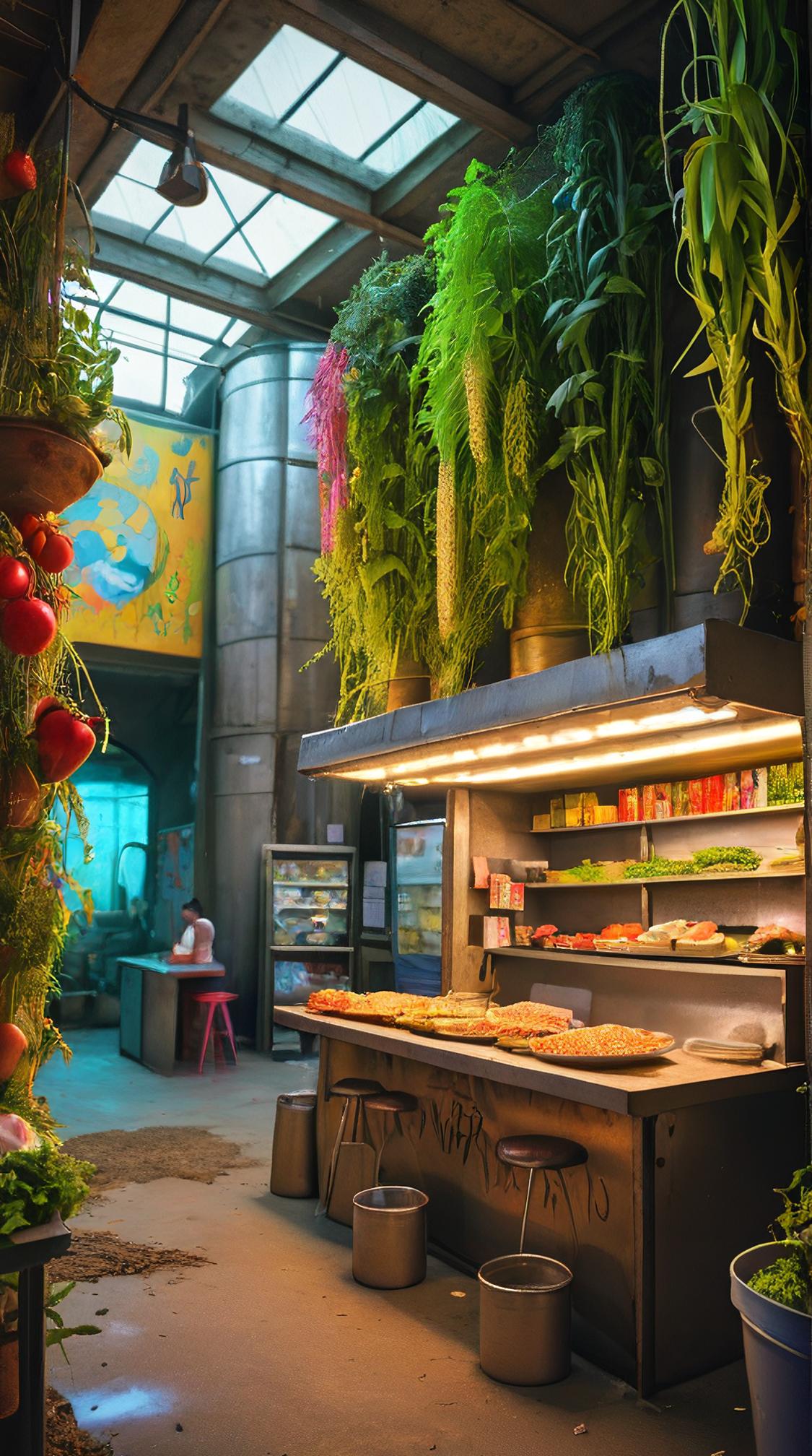 Abnormal Overgrown Palestinian food stand, inside a Shorty Grain silo, shallow depth of field, art by Carne Griffiths Vincent van Gogh
