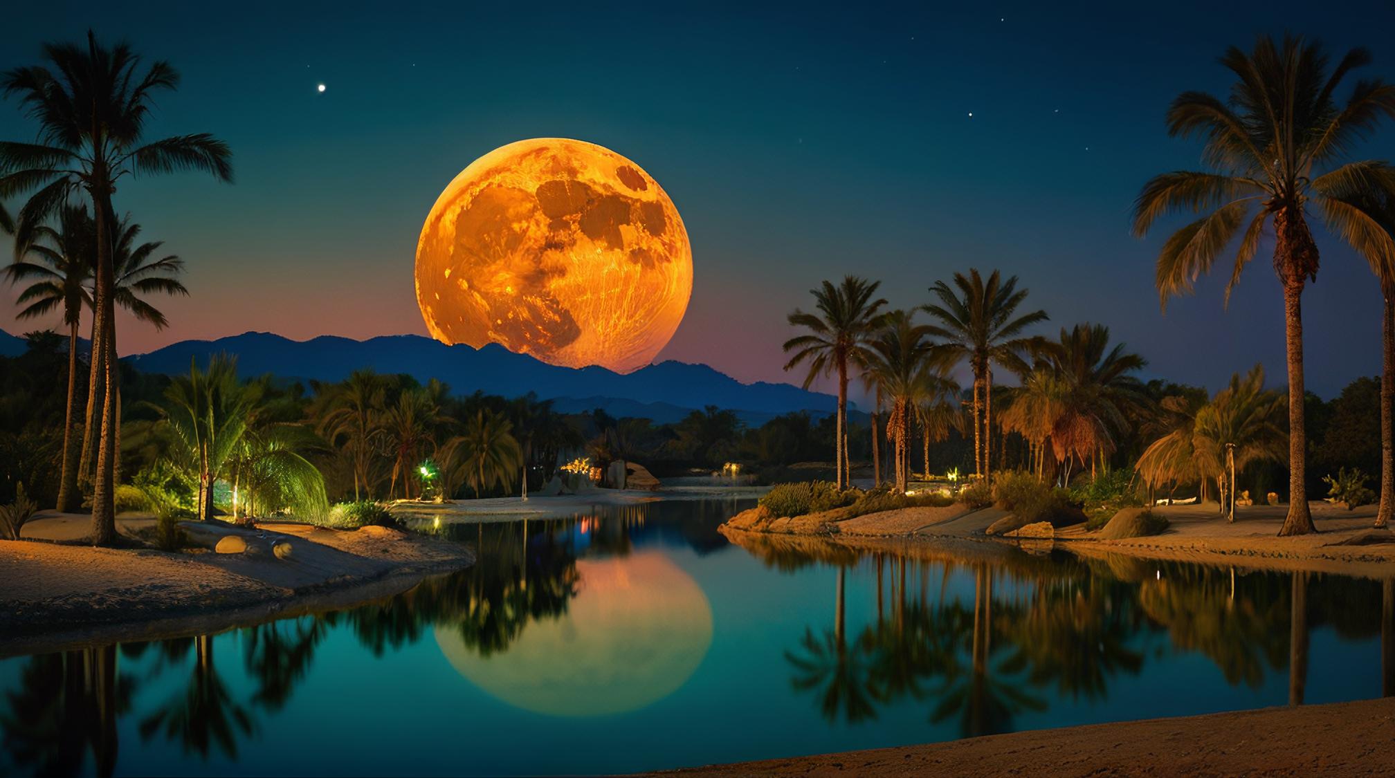 stylized by Rudolf Hausner and Maurice Sapiro, photograph, landscape of a Oasis, Moon in the night