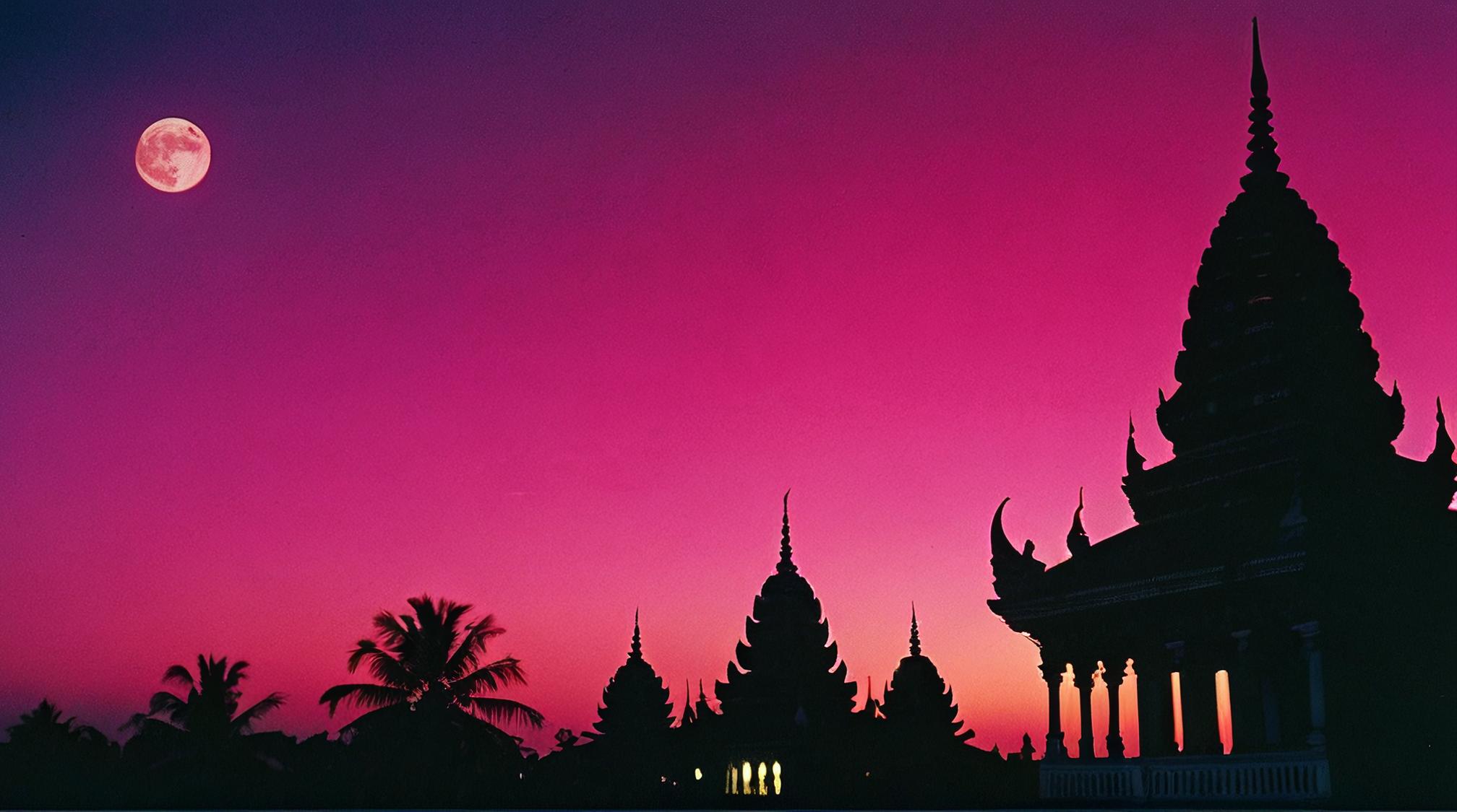by Mizoguchi Kenji, photograph, landscape of a Zanzibar and Dynamic Temple, Fuchsia sky