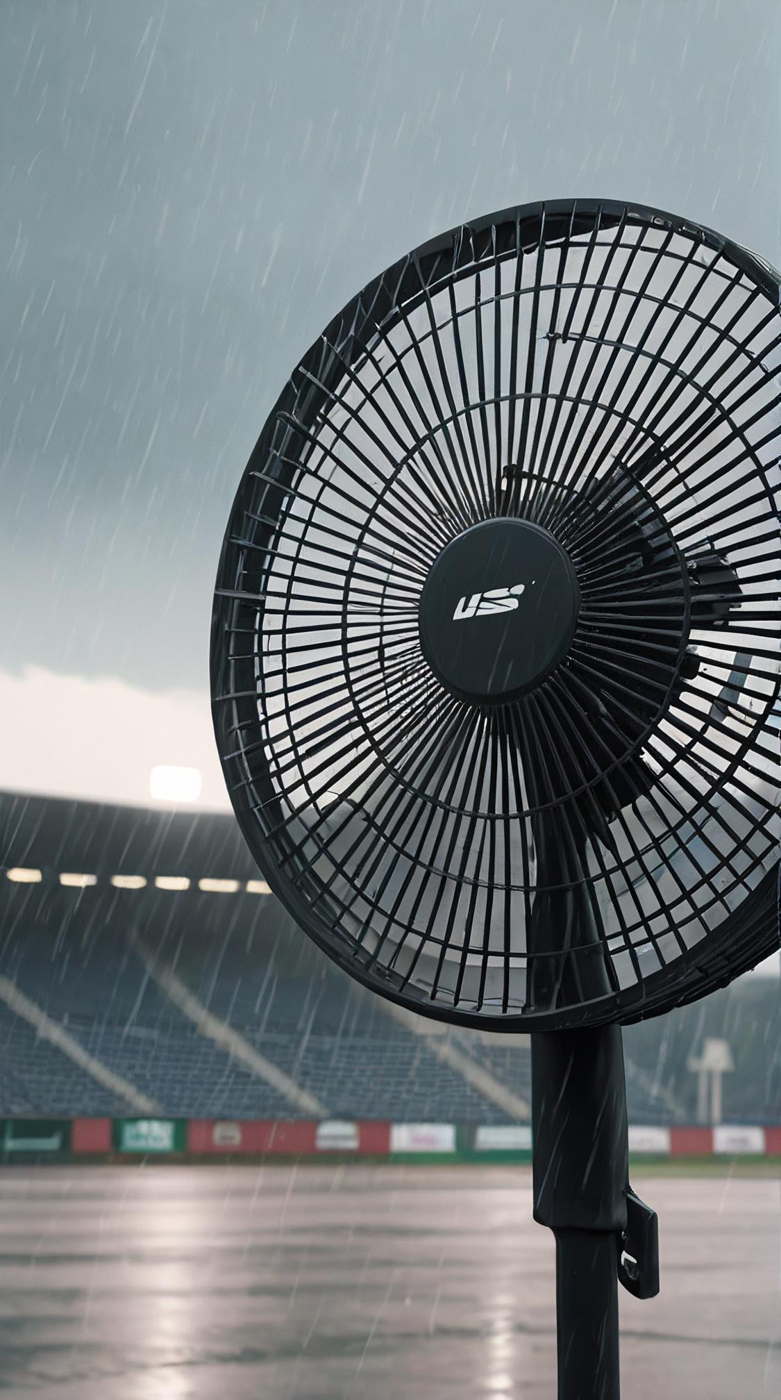 Wizardcore, shoulder level shot of a Giant Standing fan, Sports complex in background, Raining