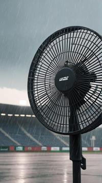 Wizardcore, shoulder level shot of a Giant Standing fan, Sports complex in background, Raining
