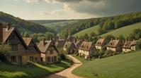 art by Camille Pissarro, photograph, landscape of an elegant Whispering Hollow Village of the Hidden Voices and Alien planet surface, Pastel Goth Art