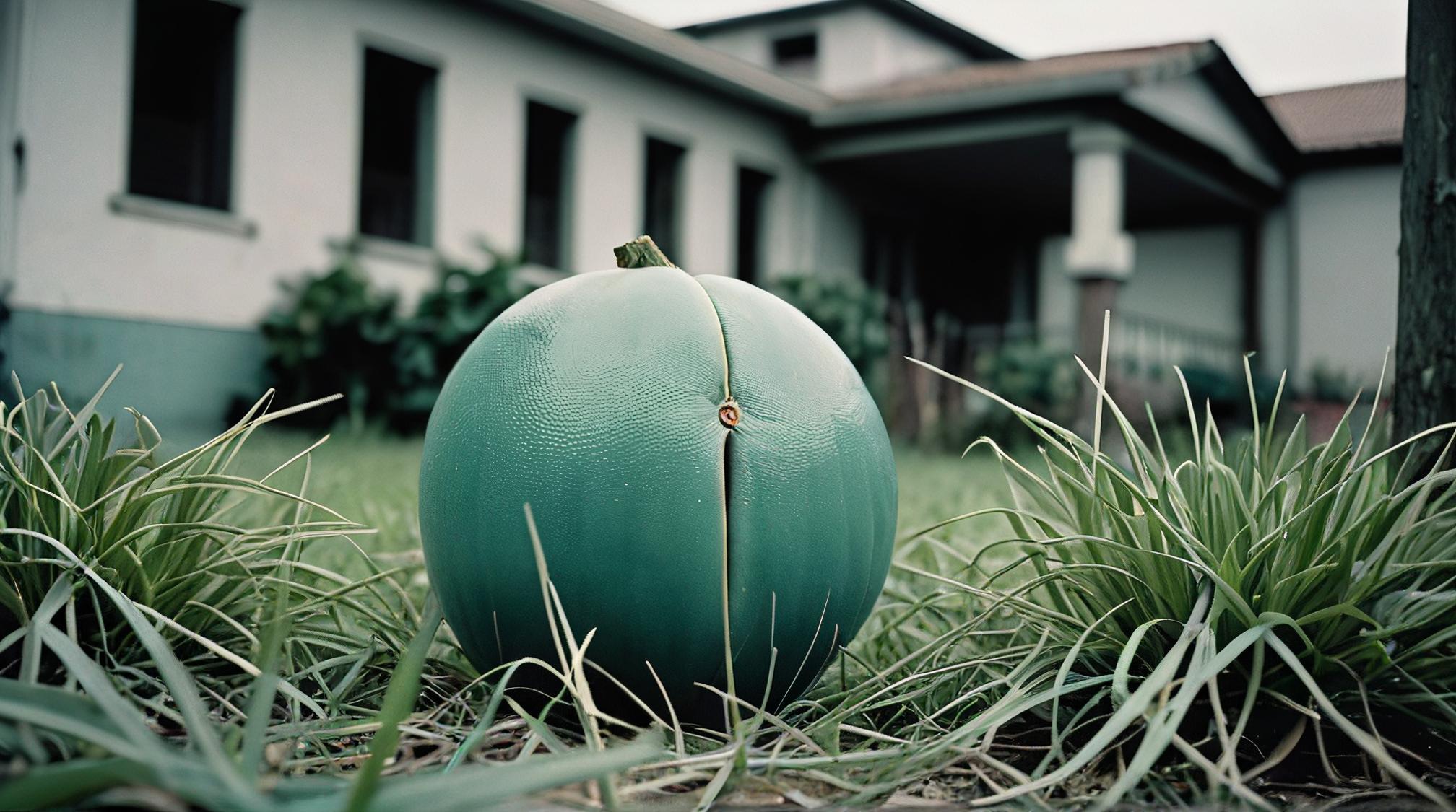 photograph, low angle shot of a Elevated Teal pomelo , grass, soft focus