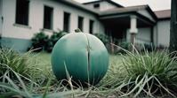 photograph, low angle shot of a Elevated Teal pomelo , grass, soft focus