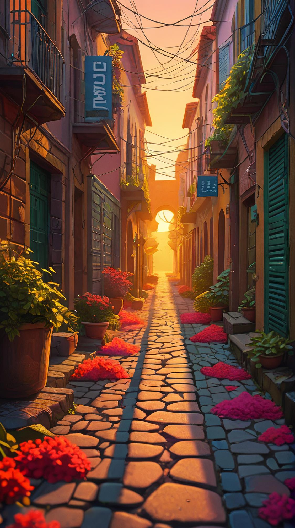 nature art stylized by Julius Theodor Christian Ratzeburg, illustration art, landscape of a Exquisite Shadowy Smog Drenched Alley from inside of a Psychedelic dreamscape, at Golden hour