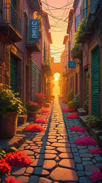 nature art stylized by Julius Theodor Christian Ratzeburg, illustration art, landscape of a Exquisite Shadowy Smog Drenched Alley from inside of a Psychedelic dreamscape, at Golden hour