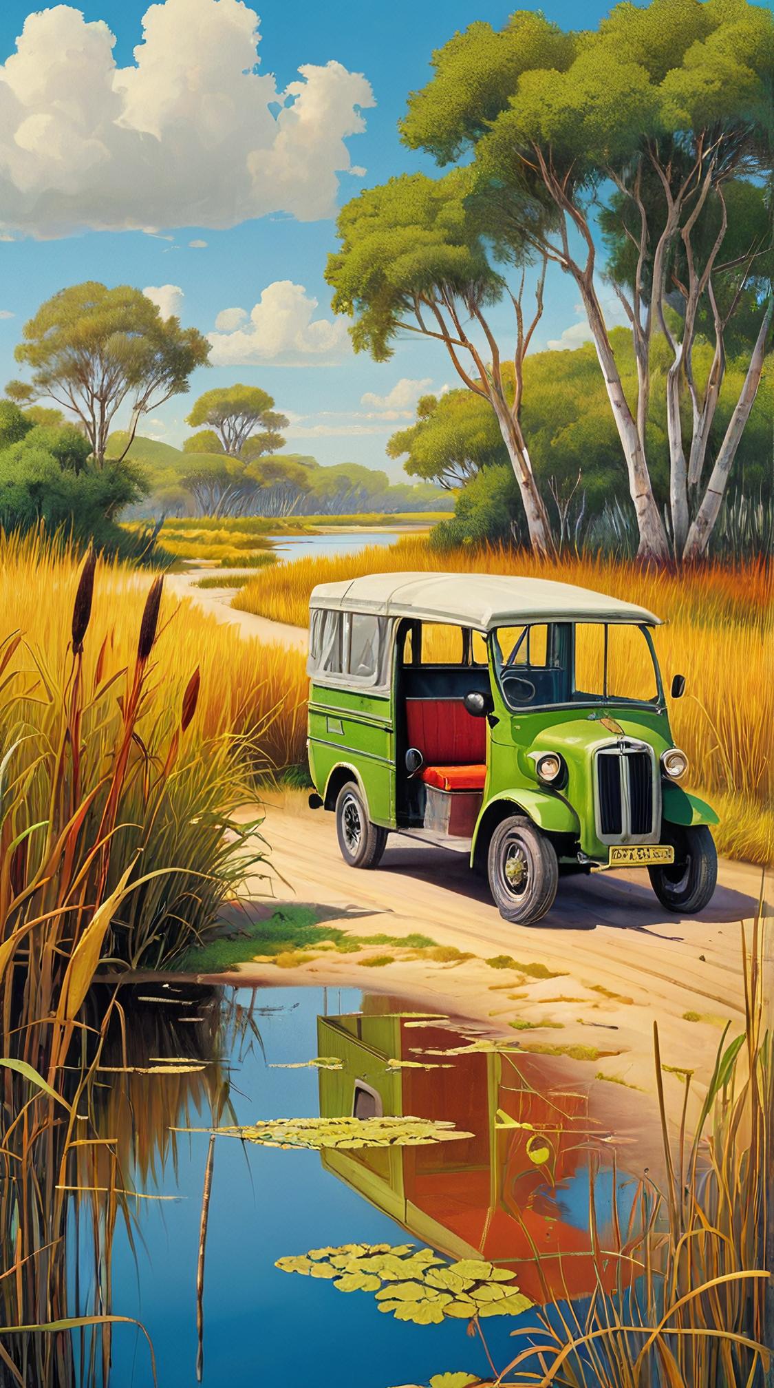 seascape art by Ettore Tito and Deborah Turbeville , realism art, landscape of a Unusual Tundra and Refined Tuk tuk, Eucalyptus background