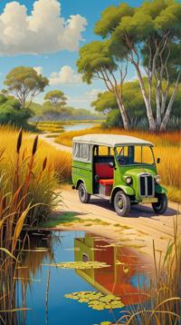 seascape art by Ettore Tito and Deborah Turbeville , realism art, landscape of a Unusual Tundra and Refined Tuk tuk, Eucalyptus background