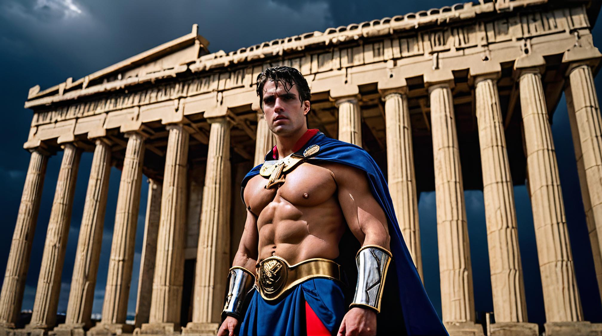 photograph, wide angle of a Smart Cosplayer The Parthenon tavern , Navy Blue background, Stormy weather
