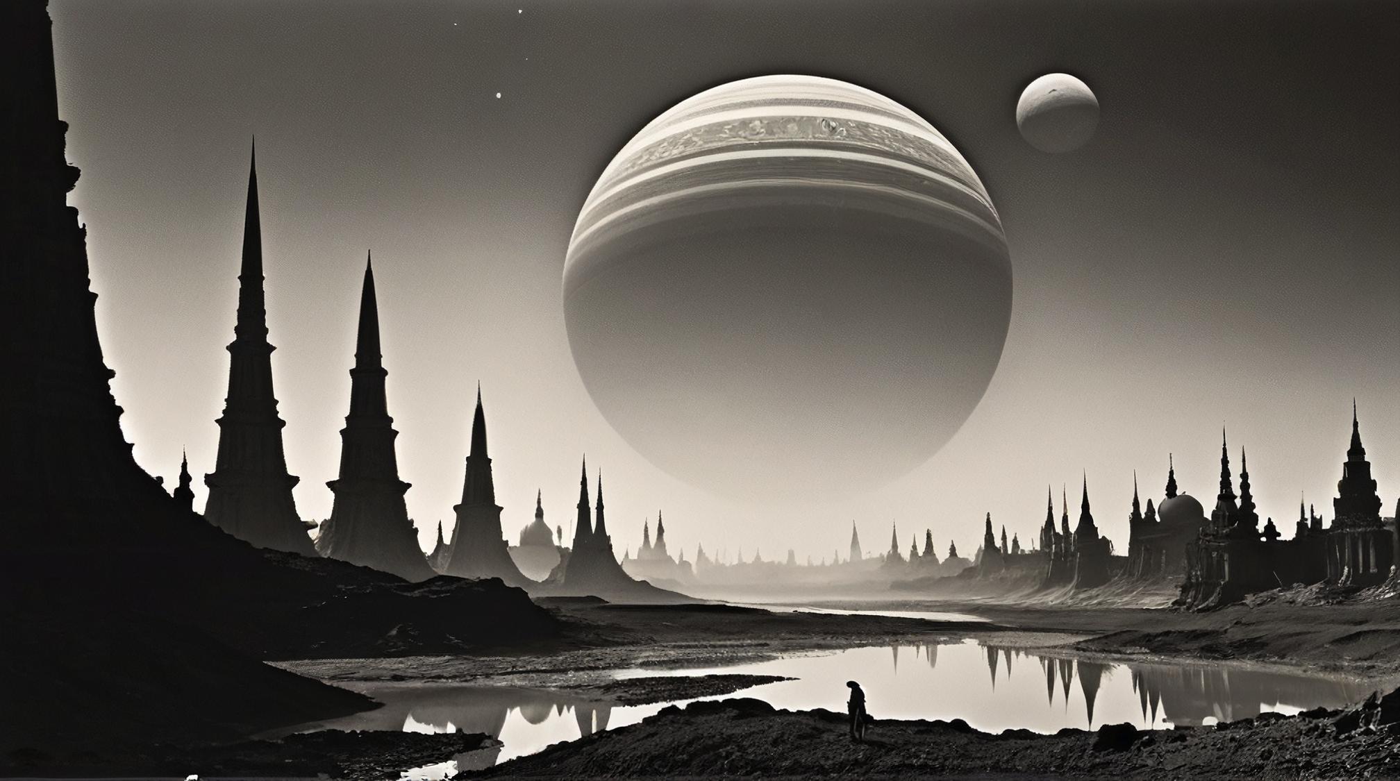 photograph, masterpiece, landscape of a Layered Vrindavan and Alien planet surface, Eerie