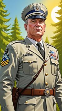 Drawing, medium wide shot of a hefty Master Sergeant Male, the Master Sergeant is dressed in Crown, One Eyed