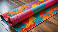 photograph, angle from below of a Ridiculous Ashkenazi Yoga mat, fantastical creatures, bold use of color and simplified forms