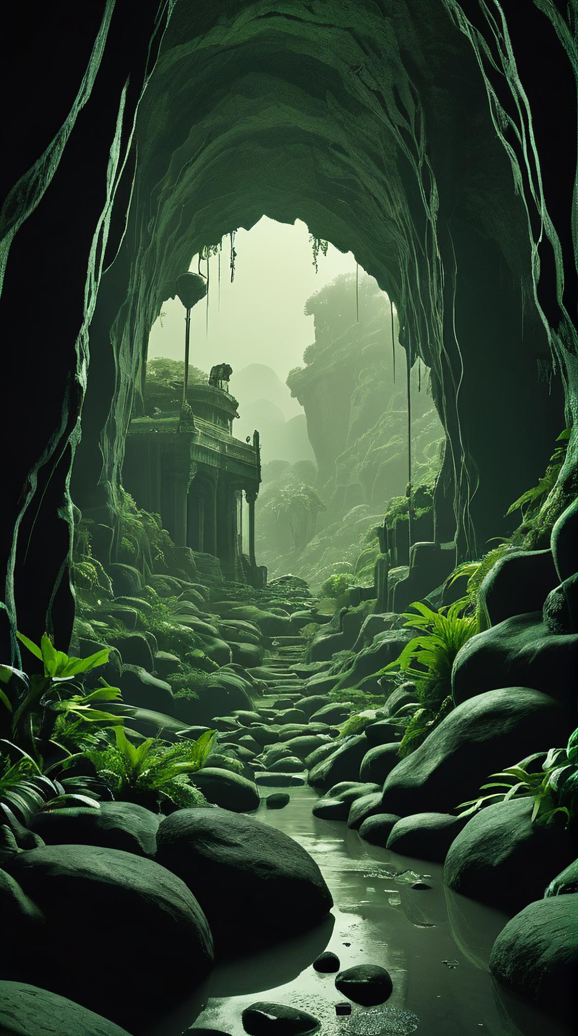 D Rendering, landscape of a Verdant Atmospheric Chennai from inside of a Subterranean cavern, at Overcast, designed by Marc Simonetti