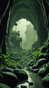 D Rendering, landscape of a Verdant Atmospheric Chennai from inside of a Subterranean cavern, at Overcast, designed by Marc Simonetti