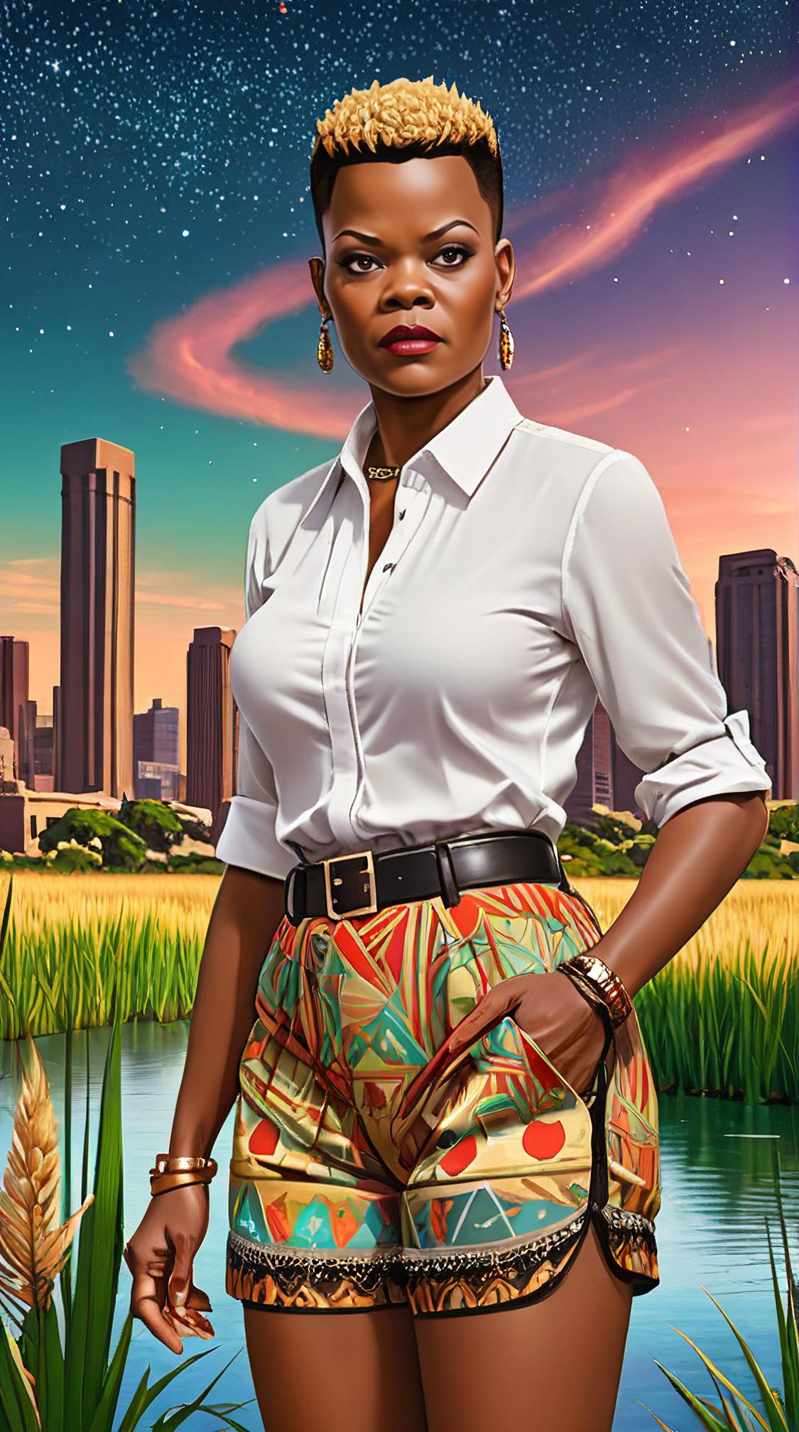 detailed Digital art, Efficacious y o rotund Samuel L Jackson , dressed in Ancient Shorts and blouse, Faux hawk hair