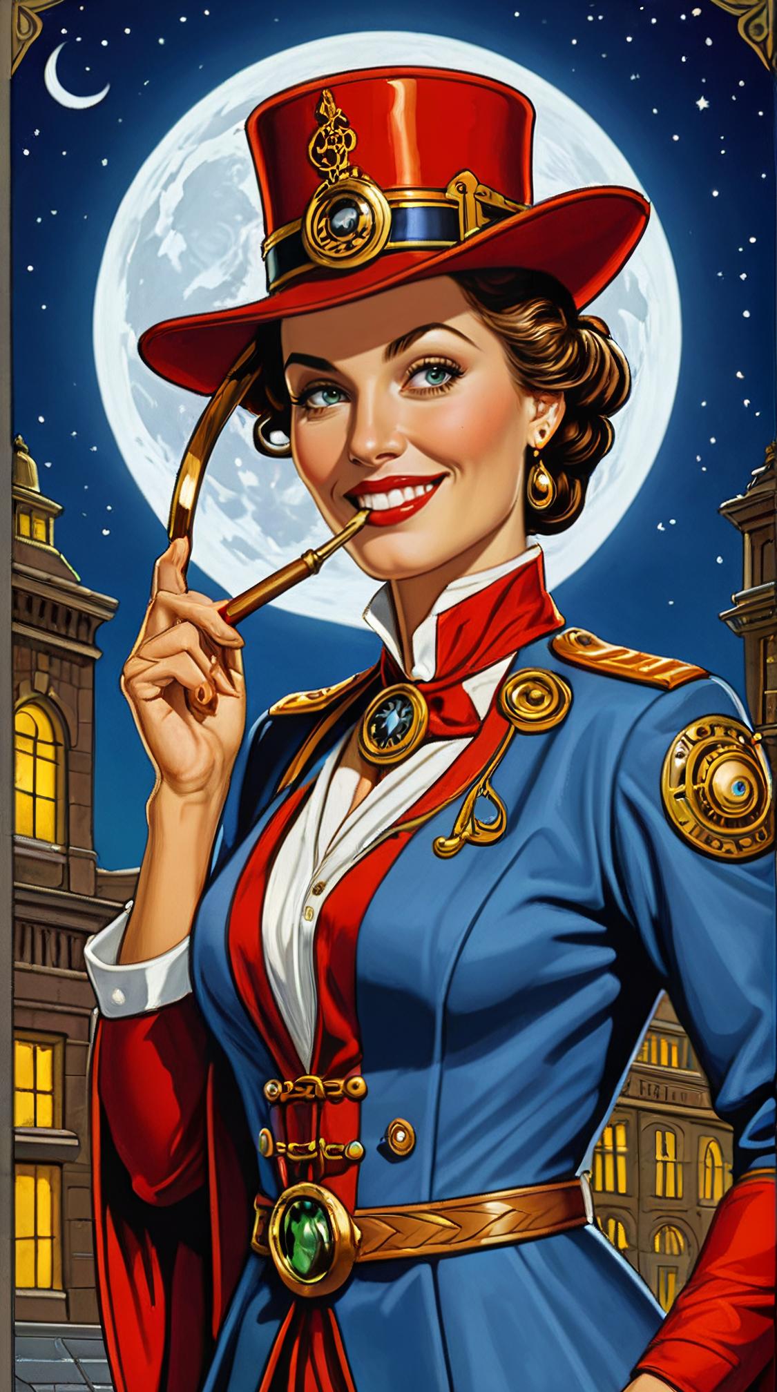 Photograph, gond painting of a traditional Art Deco Woman Defender, wicked smile, Steampunk monocle