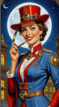 Photograph, gond painting of a traditional Art Deco Woman Defender, wicked smile, Steampunk monocle