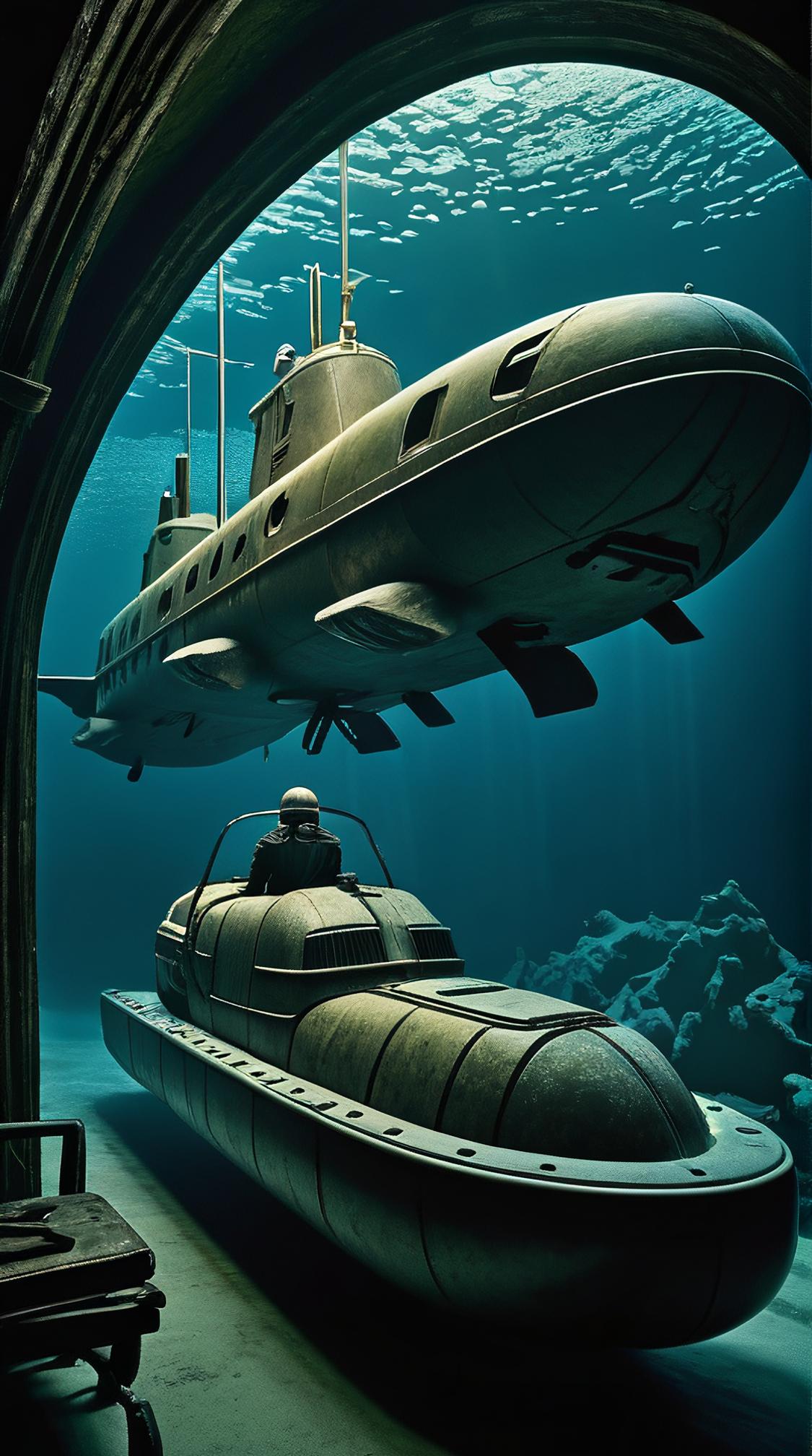 Cinematic still, Accessorized Impressive Submarine Snowmobile , designed by Germaine Dulac , Lyrical Abstraction
