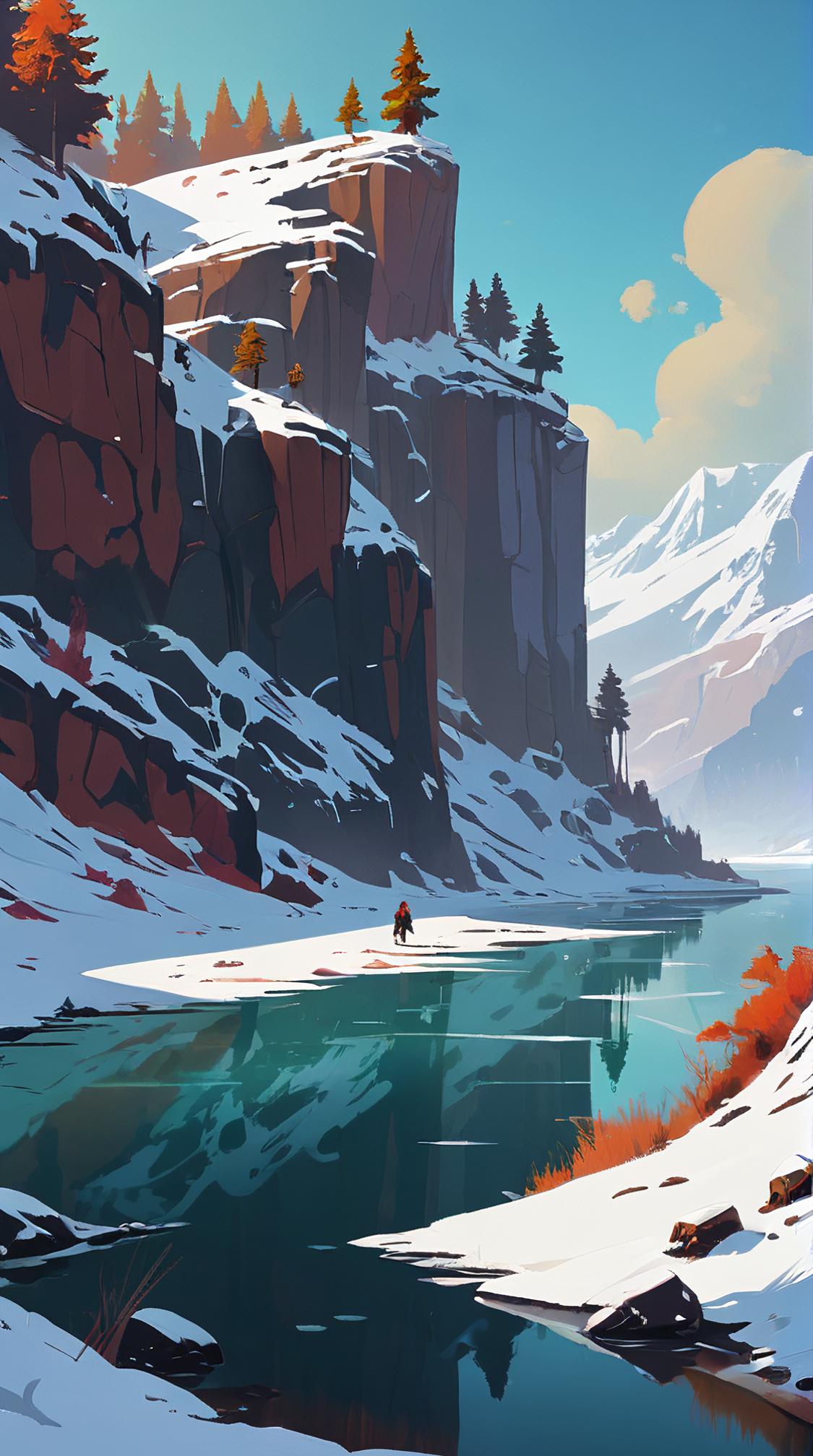 digital art stylized by Ismail Inceoglu and Ron Miller , landscape of a Wonderous Shadowmere Lake and Ghastly Coastal cliff, Snowy, F
