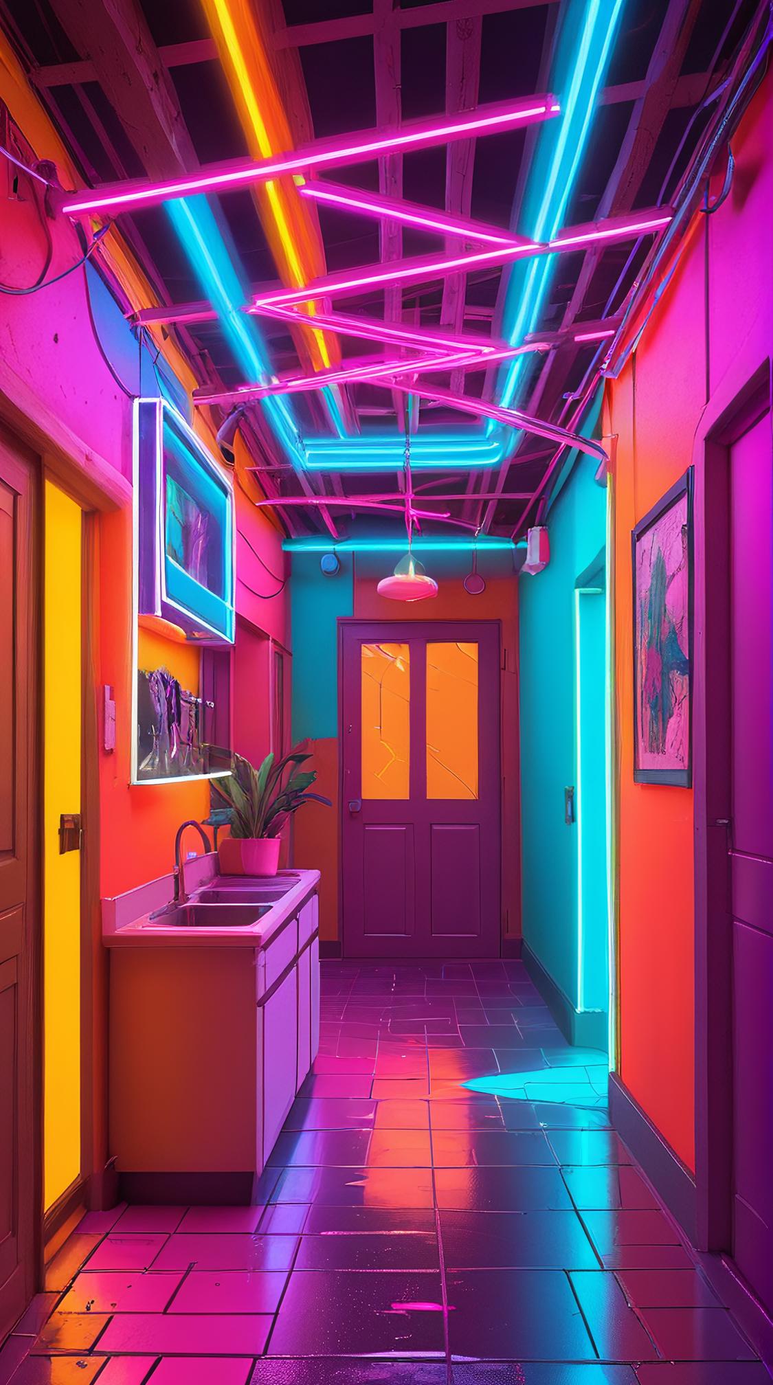 Color splash, landscape of a Decorated Neon Alley from inside of a Chalet, flat lighting, telephoto lens