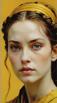 portrait art stylized by Paul Lovering and Alessandro Allori , close up of a Female Feudal lord, S, Sharp and in focus