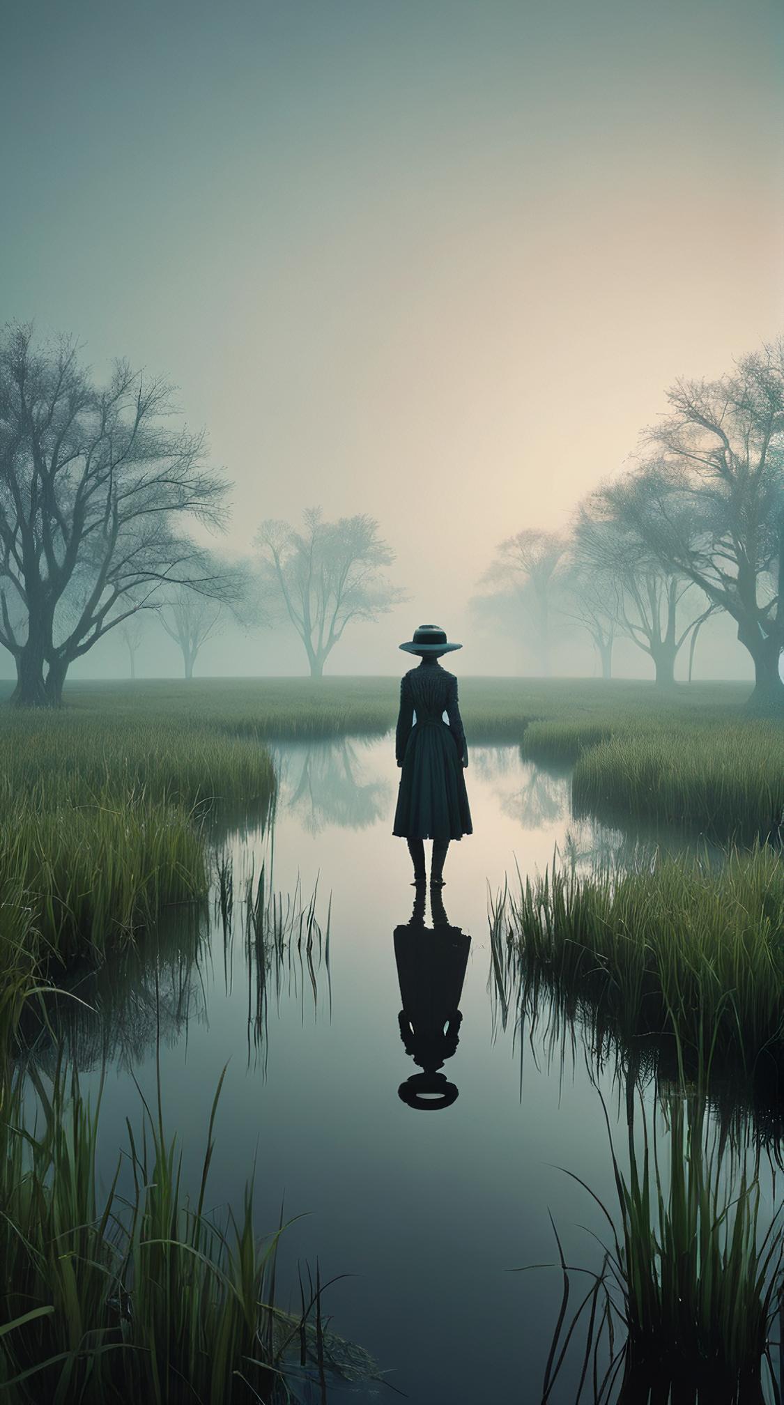 Digital art, landscape of a S Flooded Grasslands and Virtual reality simulation, Foggy, designed by Natalie Shau