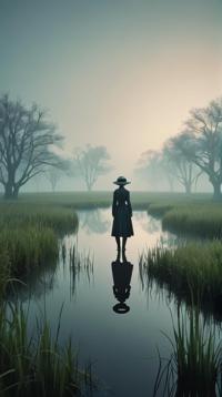 Digital art, landscape of a S Flooded Grasslands and Virtual reality simulation, Foggy, designed by Natalie Shau