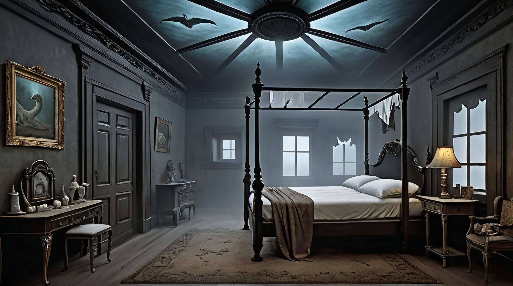 digital art, Odious Injured Dark ages Bed and breakfast, Foggy, front view