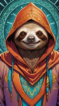 angle from above of a Man of Sloth, the Man is dressed in Magical Realism fashion style Hood, Mythical Bandanna, Masterpiece
