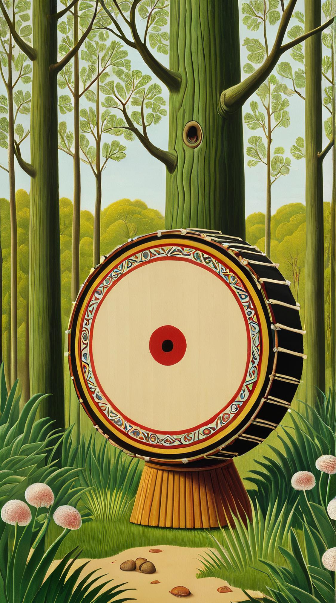 nature art by Henri Rousseau, soft colors, Viking Libyan Shamanic drum , very Alhambresque